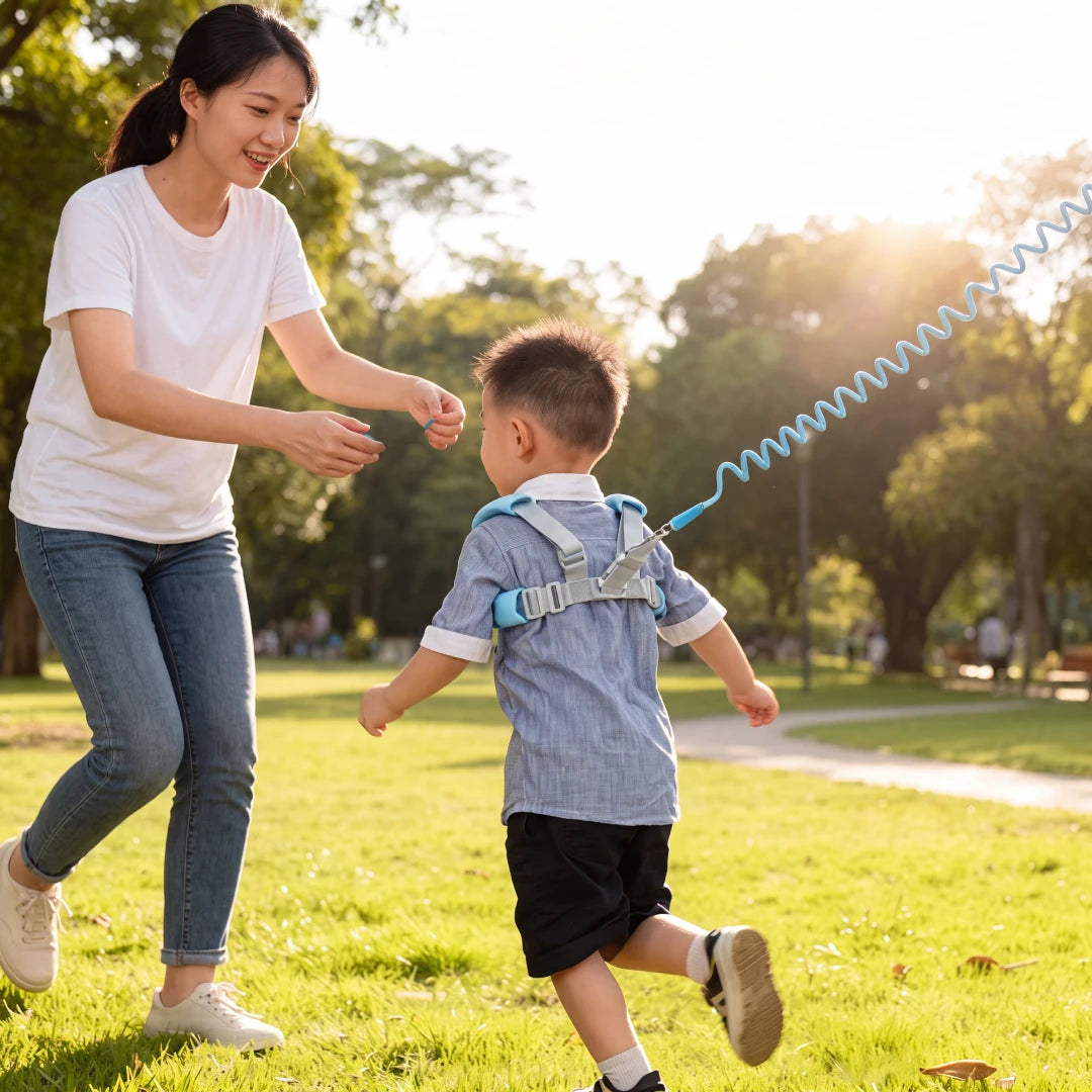 Blue child safety harness with coiled leash and chest strap, flat view