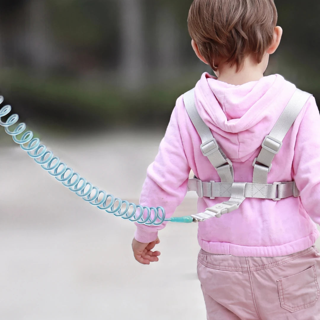 Close-up of the blue child safety harness buckles and adjustable straps